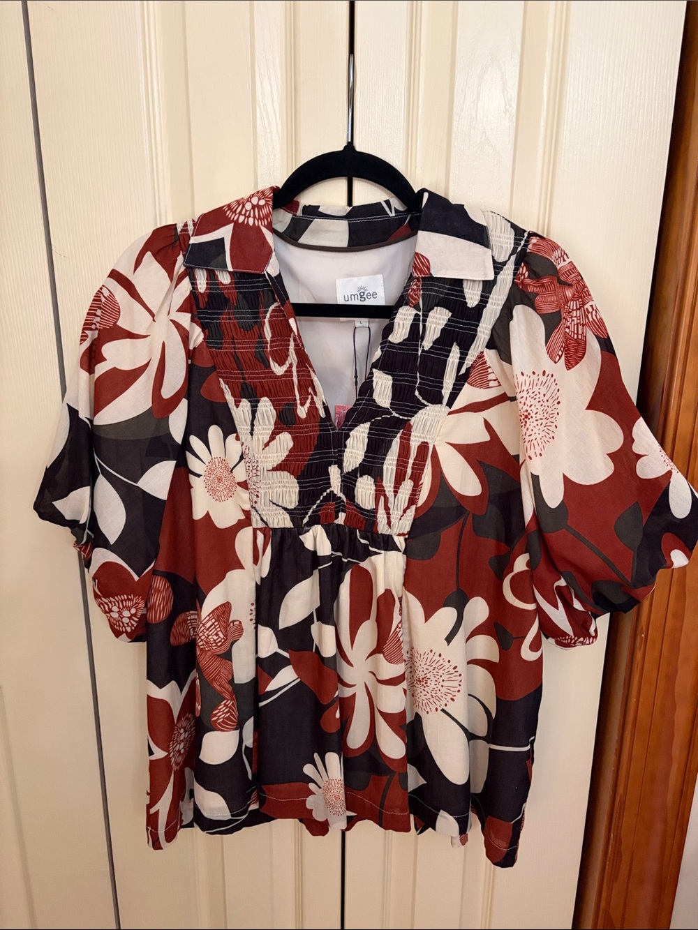 Umgee Rust, Cream & Black Floral Smocked V-Neck Blouse